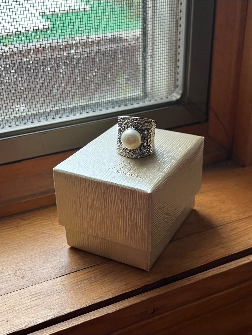 Sterling Silver Pearl Sz 7 BBJ 925 Wide Hammered Band Cocktail Ring 9.5g Vintage